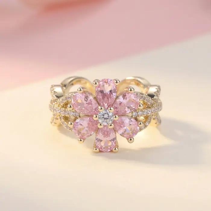 Bague en or avec fleur rose pour femmes, bijoux ajustables en Zircon brillant, cadeau pour femme, petite amie, fille, fête, usage quotidien, bague de mariage