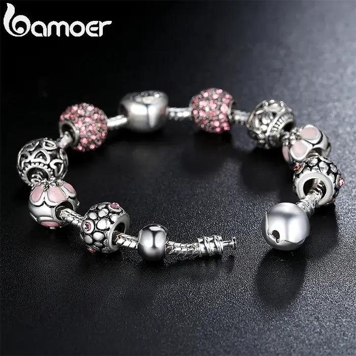BAMOER – Bracelet à breloques plaqué argent avec perles d'amour et de fleurs