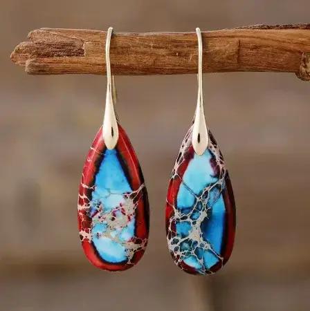 Boucles d'oreilles ethniques en argent plaqué géométrique pour femme, cerceau en jaspe empereur, Hug