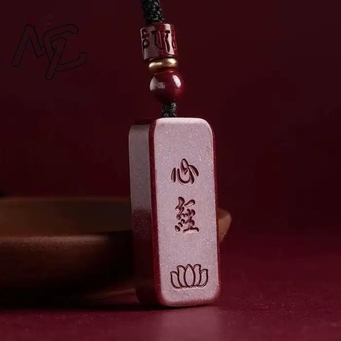 Pendentif en cinabre rouge sculpté du Sutra du Cœur Chinois, bijou de mode en pierre précieuse natur