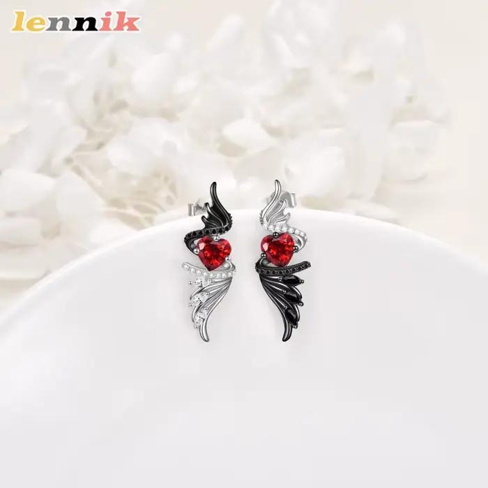 Boucles d'oreilles à ailes gothiques, clous de démon d'ange avec cœur de rubis rouge, bijoux en strass transfrontaliers, cadeau de bijoux de mode de Festival gothique