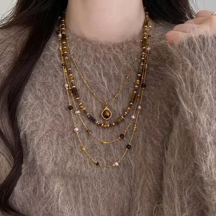 Ensemble de colliers superposés en imitation perle œil de tigre Maillard pour femmes, 3 pièces, chaîne en acier inoxydable perlée, bijoux élégants vintage, cadeau