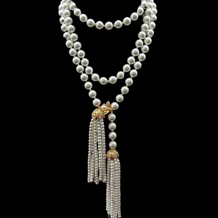 Collier long avec pompon de perles françaises rétro élégant pour femmes occasions spéciales et style vintage chic