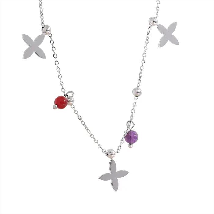 Collier femme pierre naturelle coloré fleur en forme pendentif