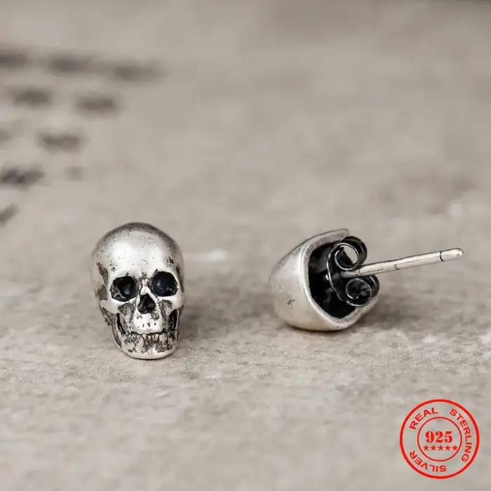 MKENDN 100% 925 argent Sterling créatif rétro crâne boucle d'oreille à la mode rue Punk Style oreill