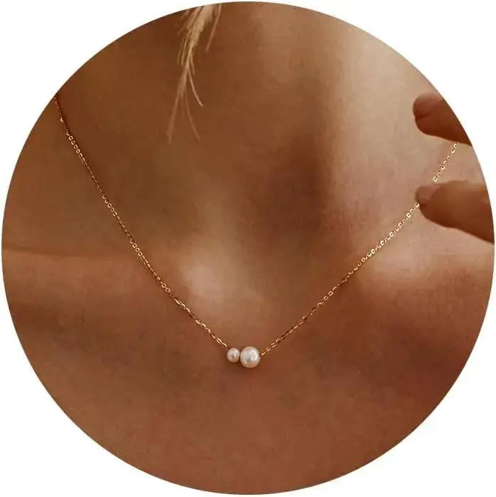 Collier de perles pour femmes plaqué or 14 carats