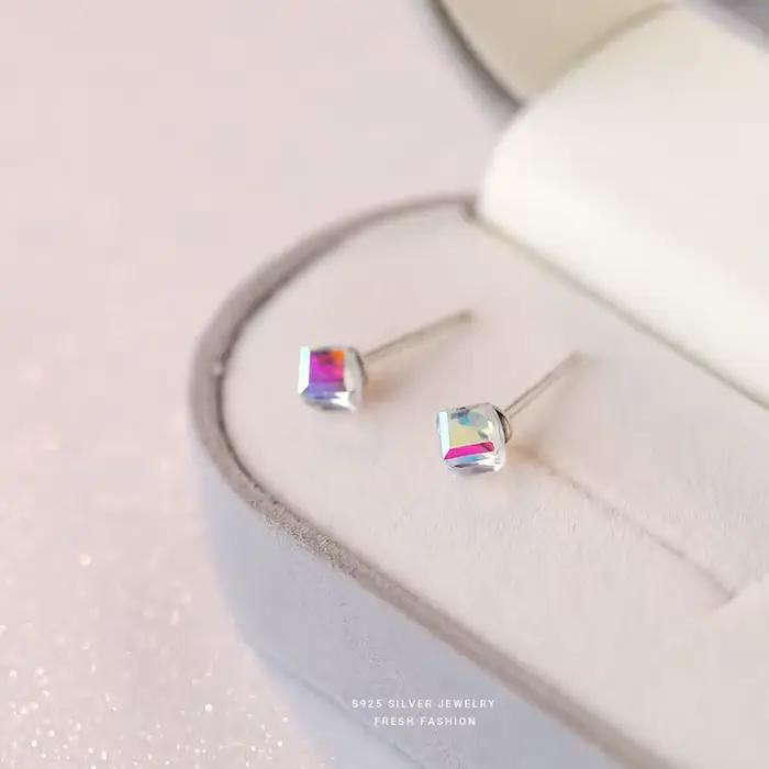 Boucles d'oreilles en argent Sterling 100% véritable S925, Cube autrichien aurore, cristal carré arc
