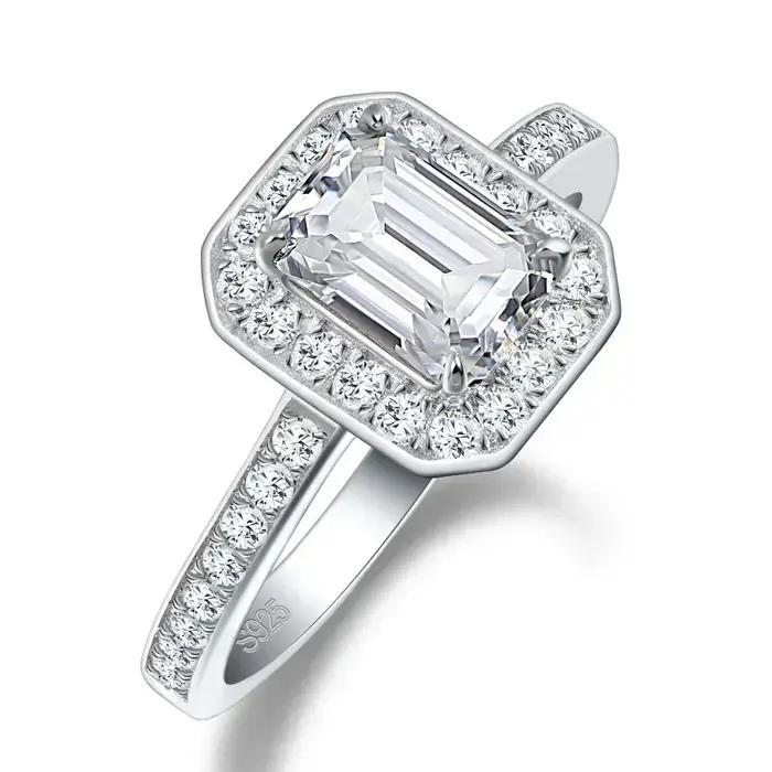 Bague de fiançailles LinkerLove en argent S925 avec moissanite taille émeraude 1 carat et halo de pierres latérales