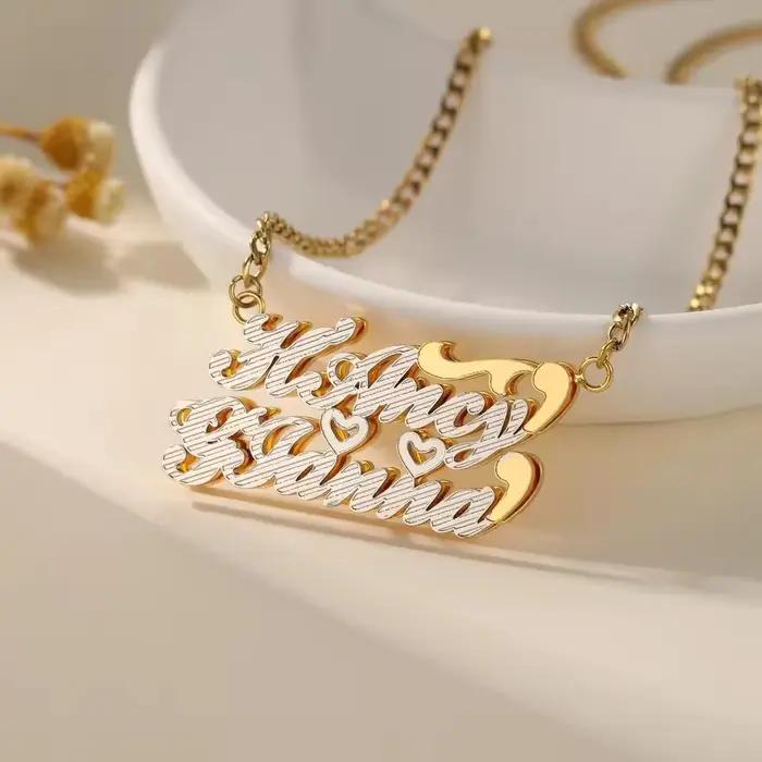 Collier double nom personnalisé plaqué or 18 carats