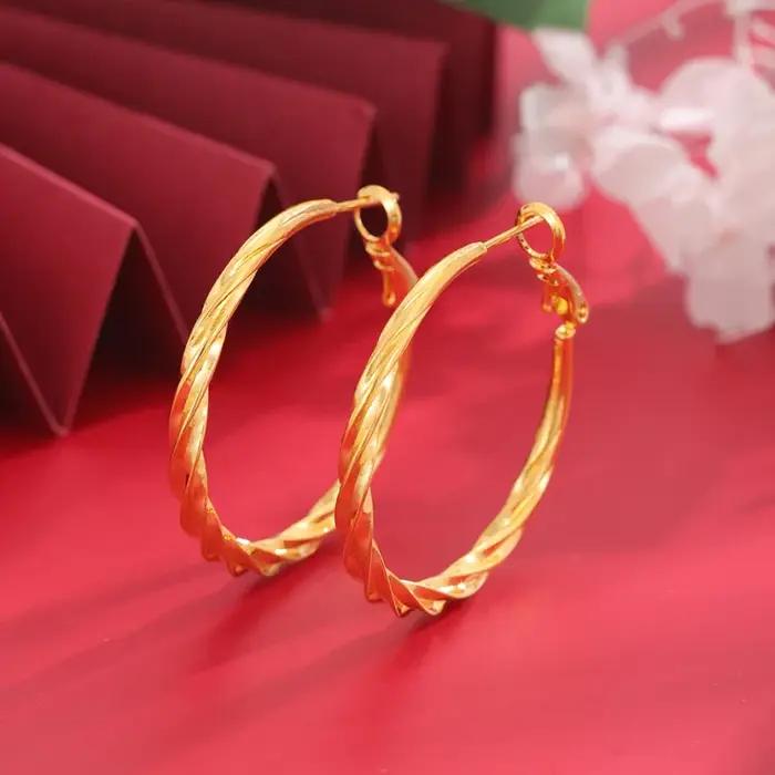 Luxe 24K 9999 or pur véritable or femmes grand anneau d'oreille torsadé cercle grandes boucles d'oreilles