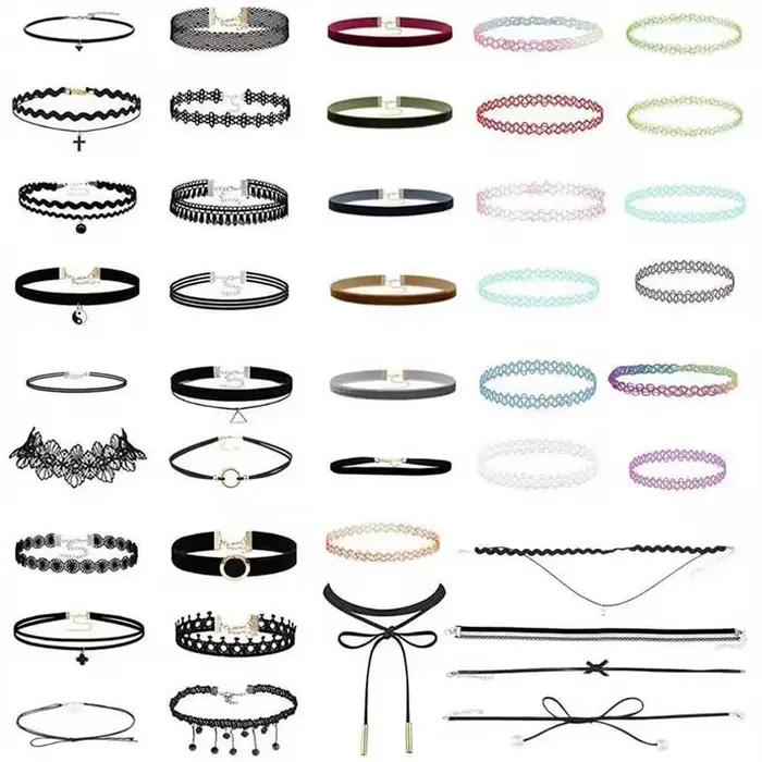 Collier en dentelle coloré pour femmes avec nœud en velours et perles, accessoire de mode pour filles, bijoux de cou, colliers ras du cou
