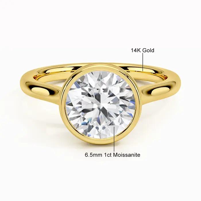 Bague de fiançailles classique en or jaune 14K pour femmes, creuse Au585, coupe ronde, couleur D, di