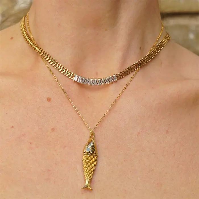 Collier pendentif carpe plaqué or 18 carats avec diamant en zircon