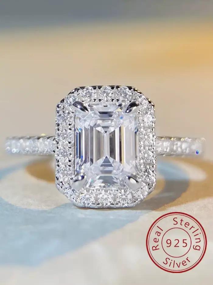 Bague carrée à quatre griffes en argent Sterling 925