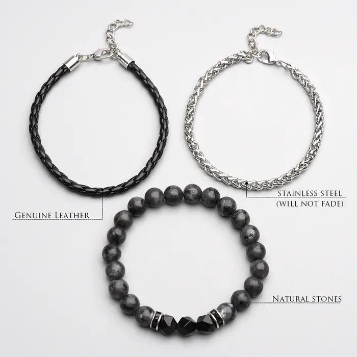 Ensemble de 3 bracelets en cuir véritable et chaîne en acier inoxydable