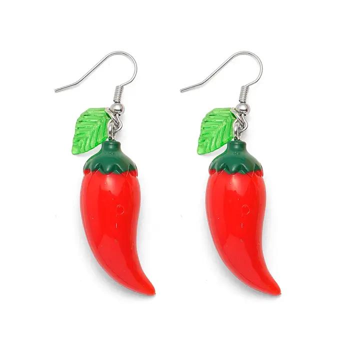 1 paire de boucles d'oreilles pendantes en forme de chili rouge et feuille verte à la mode