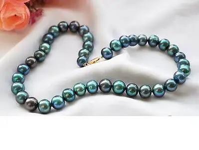 Collier de perles d'eau douce noires paon rondes naturelles, bijoux fins, 17 pouces, 9-10mm