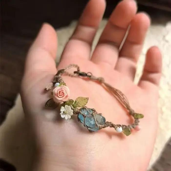 Bracelet artisanal en pierres naturelles de quartz rose et d'aigue-marine, avec filet en macramé et cordon réglable, cadeau d'amitié unisexe