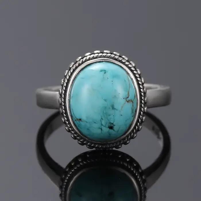 Bague Vintage en Argent Sterling S925 Turquoise Naturelle Bijou Luxe Cadeau Anniversaire Fête Spéciale Femme Occasions Spéciales