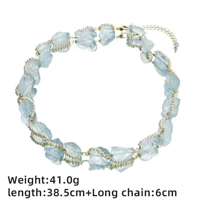 Parure de bijoux en perles d'eau douce naturelles et aigue-marine pour femme, idéale pour le quotidien, les banquets, les vacances à la plage, un cadeau délicat.