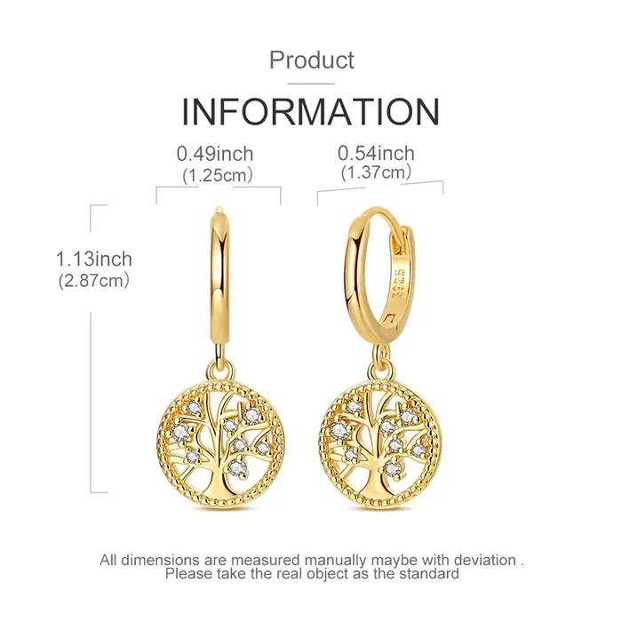Boucles d'oreilles arbre de vie doré en argent Sterling 925 pour femmes
