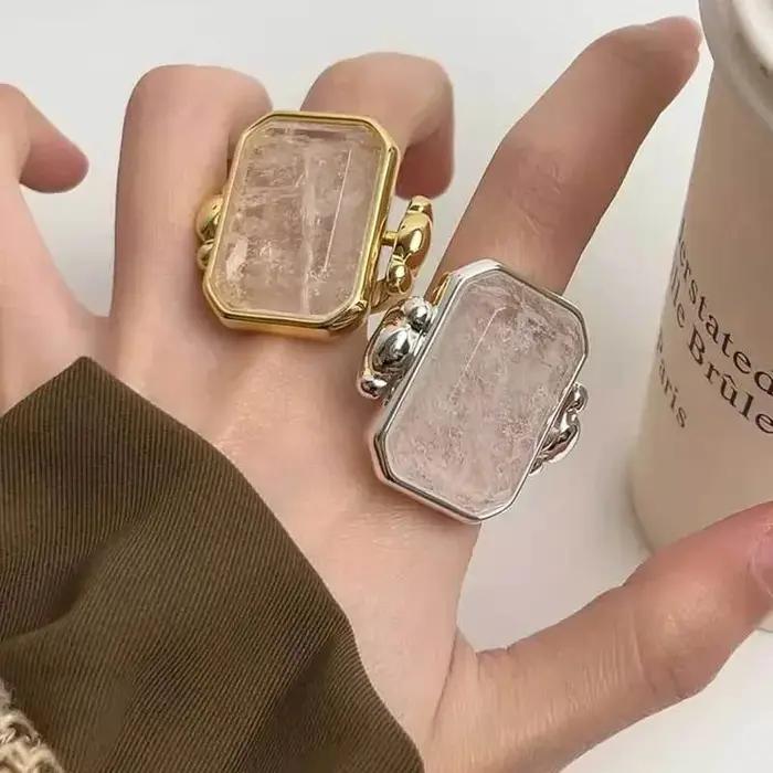 Bague en sucre carrée rétro française pour femmes, cristal naturel, bijou de fête, design exagéré, cadeau mode 2025
