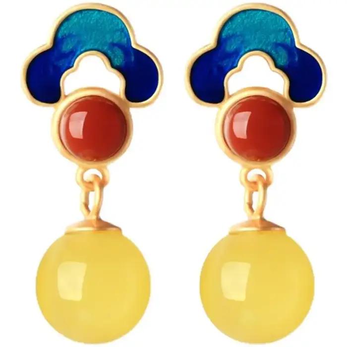 Nouveau design artisanat en or ancien incrusté de calcédoine ronde jaune naturelle haut sens dames participant à des bijoux en argent de fête