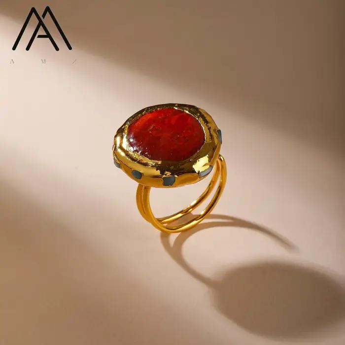 Bague en pierre précieuse Larimar corail rouge