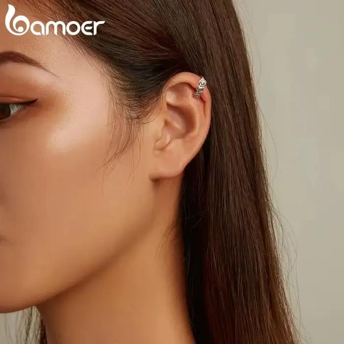 Bamoer 1 PC Vintage empilable Rose oreille manchette réel 925 en argent Sterling rétro fleurs oreille pince pour les femmes bijoux fins cadeau de mariage