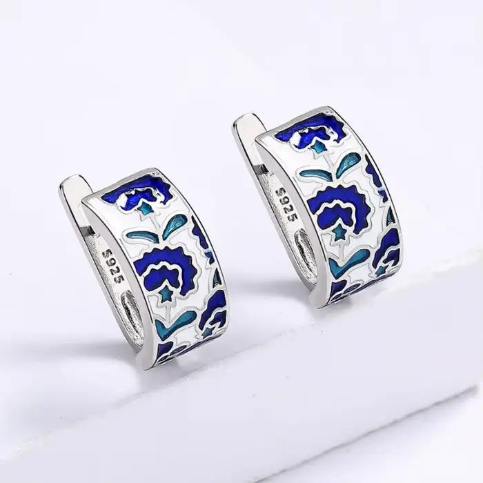 925 argent classique créatif à la main bleu émail boucles d'oreilles pour dames fleur forme