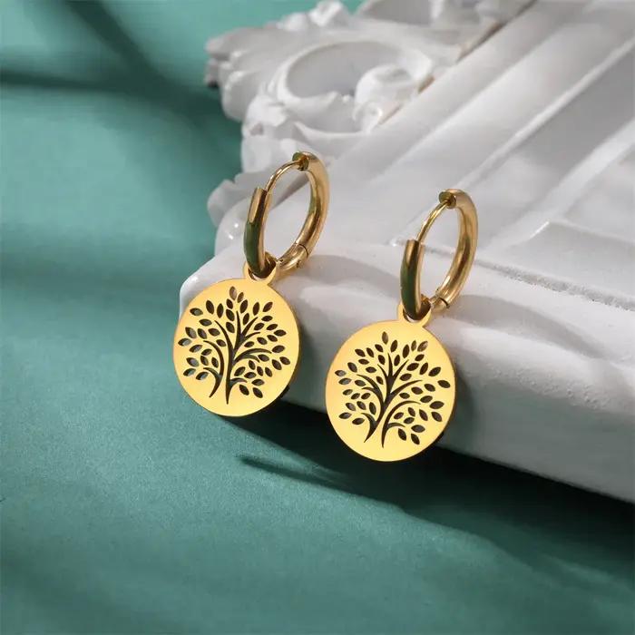Boucles d'oreilles rondes arbre de vie plaquées or pour femmes