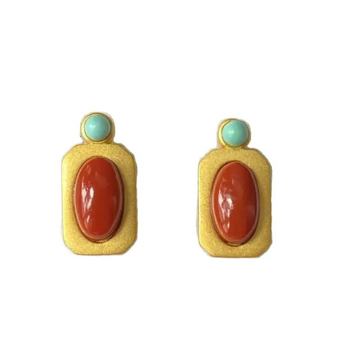 Boucles d'oreilles turquoise incrustées de Tourmaline Rubellite du sud