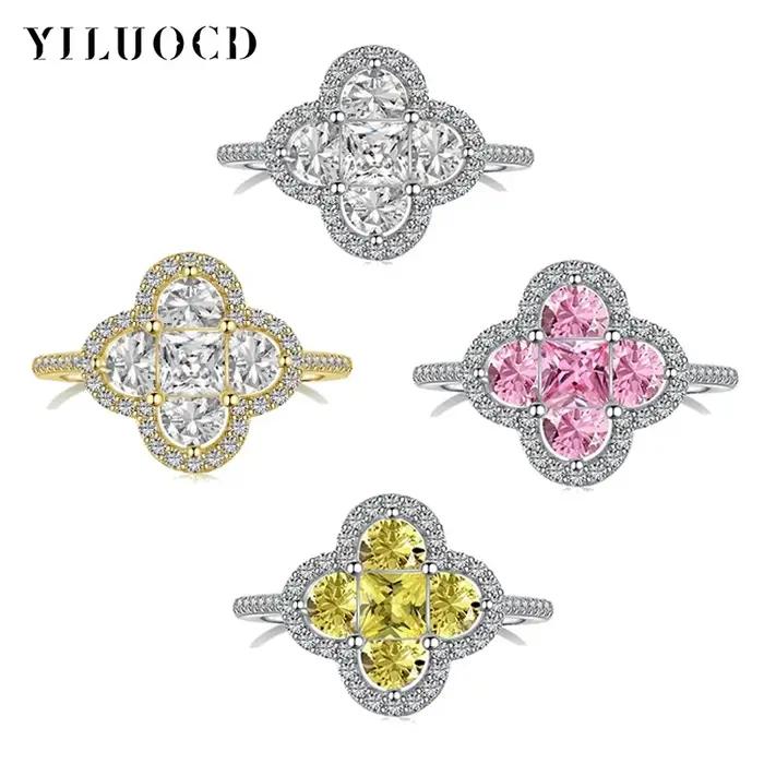 YILUOCD brillant 5A cubique zircone quatre trèfle anneaux pour femmes CZ chanceux anneau quotidien classique bijoux dame fête Banquet cadeaux