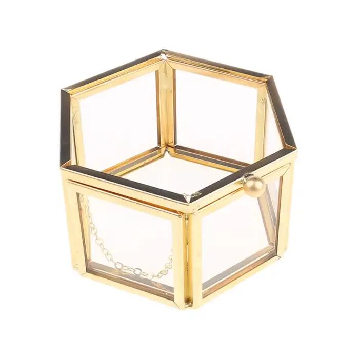 Boîte à bijoux vintage transparent en verre Organisateur bijoux géométrique doré
