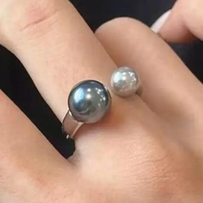 PANJBJ – bague en argent Sterling 925 avec perles grises pour femmes, classiques asymétriques, doux,