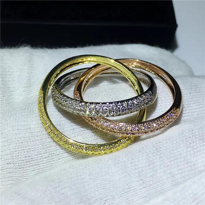 Triple cercles or/or Rose/argent bague trois couleurs bijoux de luxe couleur argent pavé CZ