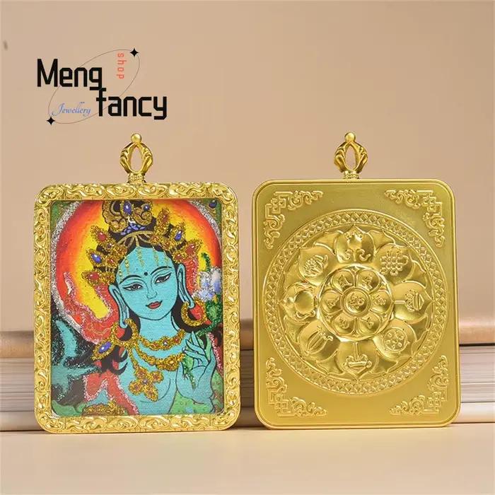 Nouveau modèle de boîte Thangka peinte à la main et dorée avec feuille d'or, pendentif Tara style national, bijoux de mode exquis, cadeau de vacances raffiné