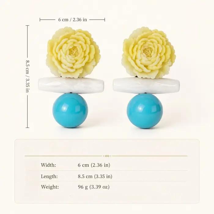 Boucles d'oreilles en acrylique motif pivoine fleurs jaunes dégradées billes bleues style rétro macarons colorés pour femmes occasions spéciales