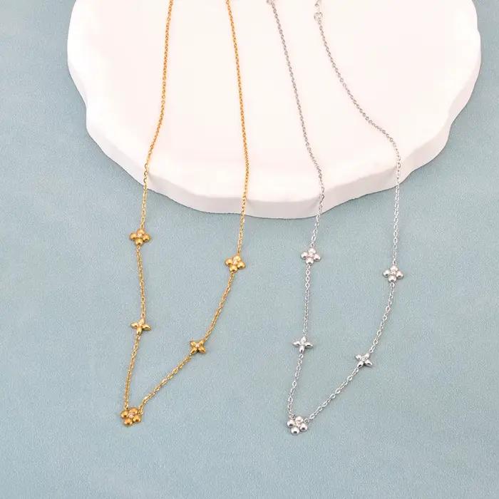 JeeMango luxe Zircon quatre feuilles fleur pendentif collier pour femmes 18K PVD plaqué acier inoxydable étanche cou bijoux N25090
