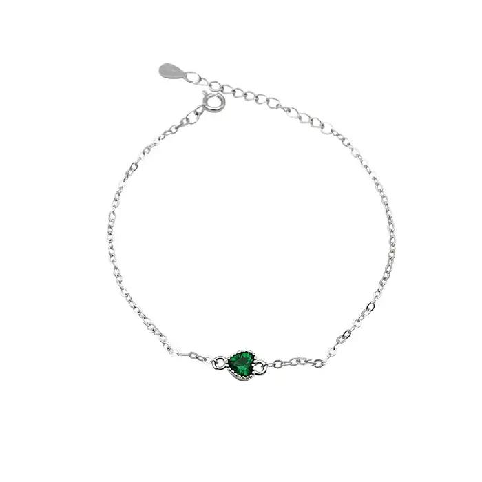 Bracelet Vert Cœur en Argent Sterling 925 Serti de Zirconium Blanc Élégant pour Femmes Occasions Spéciales