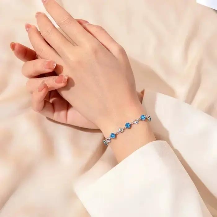 925 en argent Sterling en forme de coeur collier Bracelet ensemble pour les femmes Vintage coréen bleu cristal Bracelets