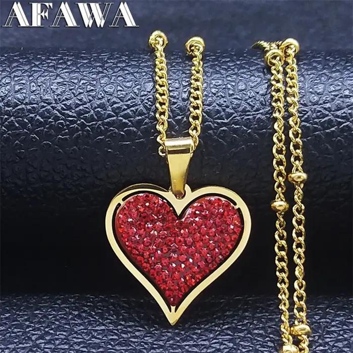 Mode amour coeur rouge en acier inoxydable cristal collier à breloques couleur or petits colliers bijoux