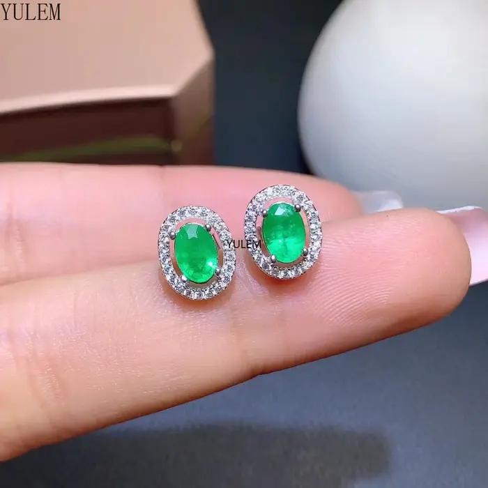 Boucles d'oreilles en argent sterling 925 et émeraude naturelle ovale pour femmes occasions spéciales élégantes