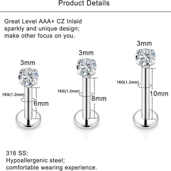 12 pièces/lot Labret Piercing ensemble acier chirurgical CZ zircone lèvre goujon barre boucle d'oreille Helix Cartilage Tragus corps bijoux 16G