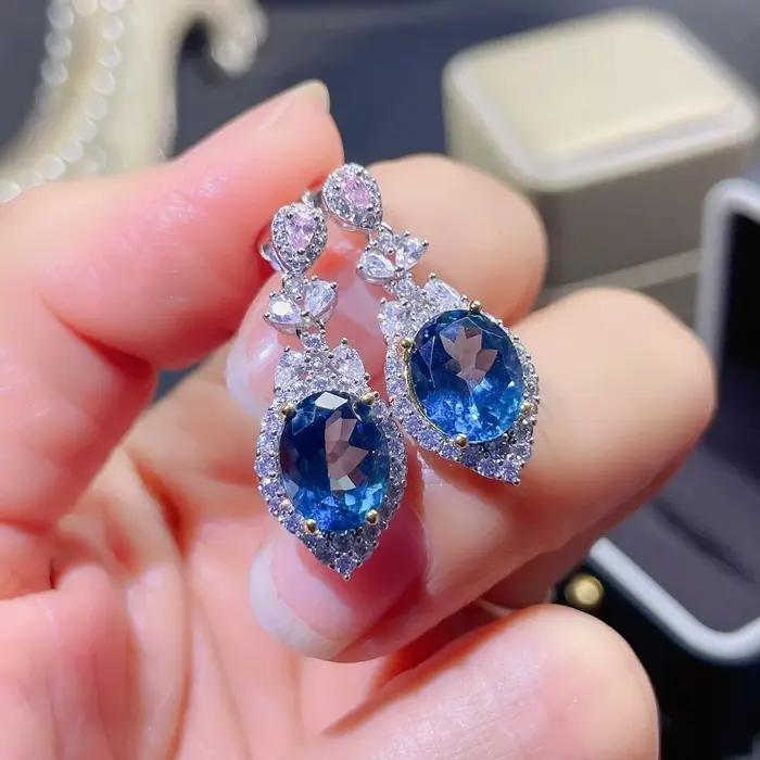 Boucles d'oreilles en argent regardé 100% véritable saphir naturel