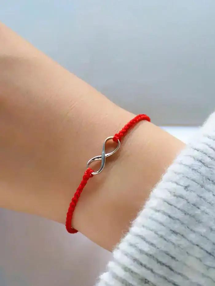 Bracelet en argent sterling S925 avec symbole de l'infini et cordon rouge