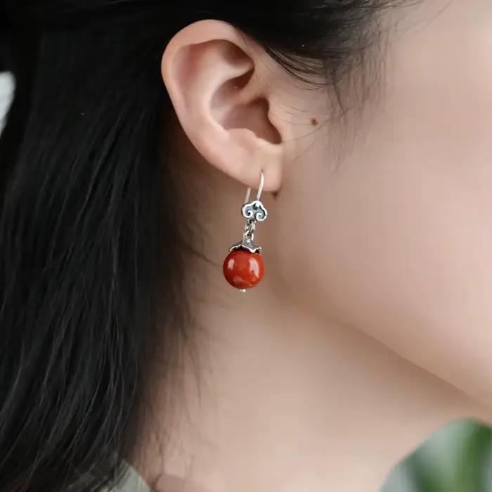 Boucles d'oreilles en argent sterling 925 serties de pierres rouges pour femmes style rétro ethnique nuage occasionnel cadeau d'anniversaire