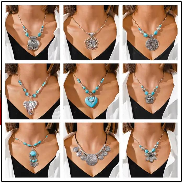 Collier Turquoise Bohème avec Pendentif en Pierres Artificielles pour Femmes Occasions Spéciales et Porte-jour Élégant