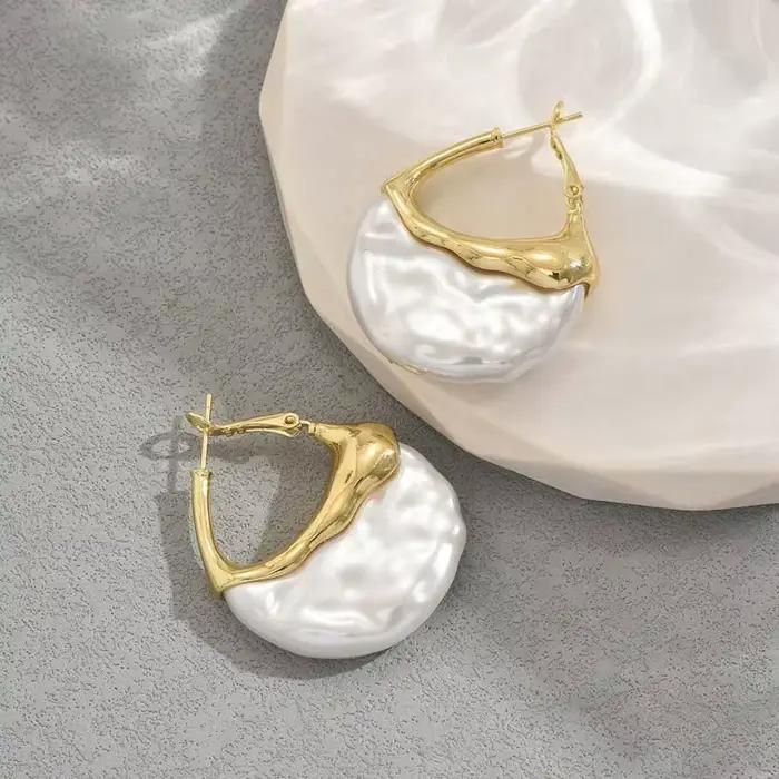 Boucles d'oreilles vintage irrégulières semi-circulaires en perles pour femmes, boucles d'oreilles en métal couleur or, accessoires de bijoux de mariage