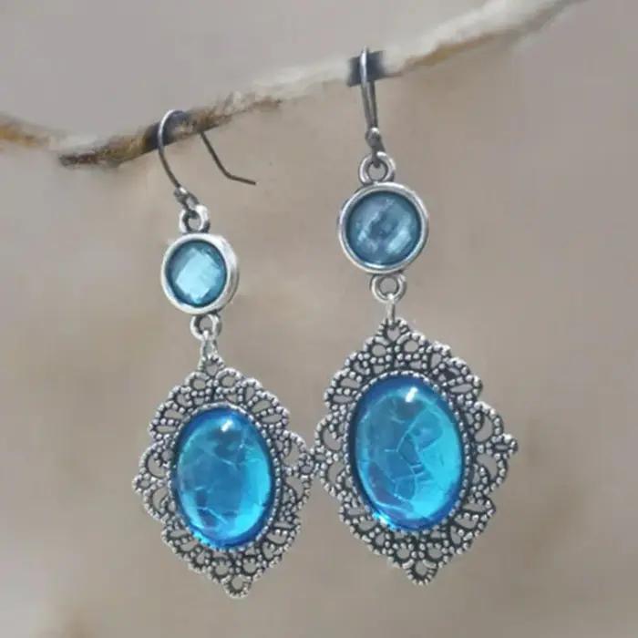 Boucles d'oreilles ovales en dentelle pour femmes, couleur argent, brillant, bleu ciel, pendentif cr